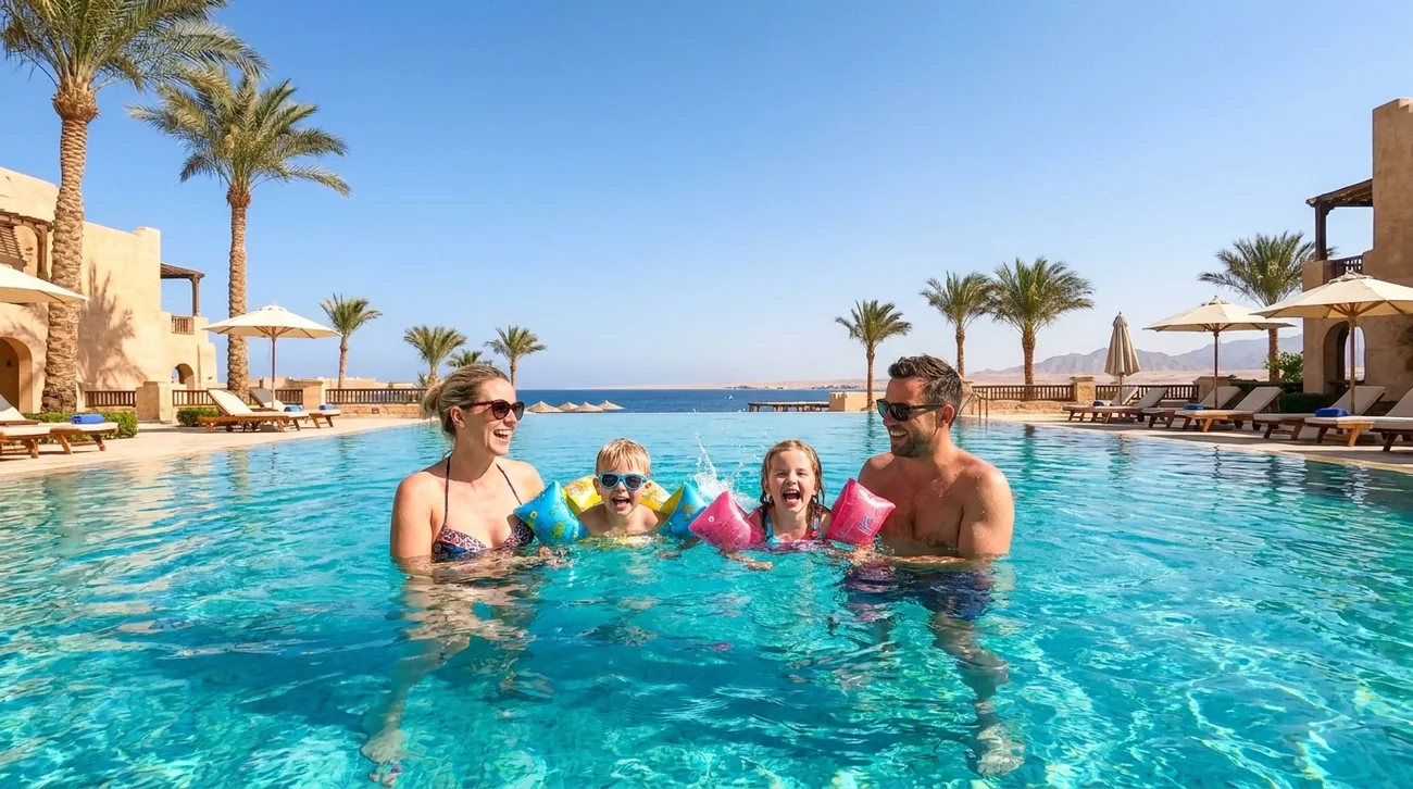 Happy family by the resort pool