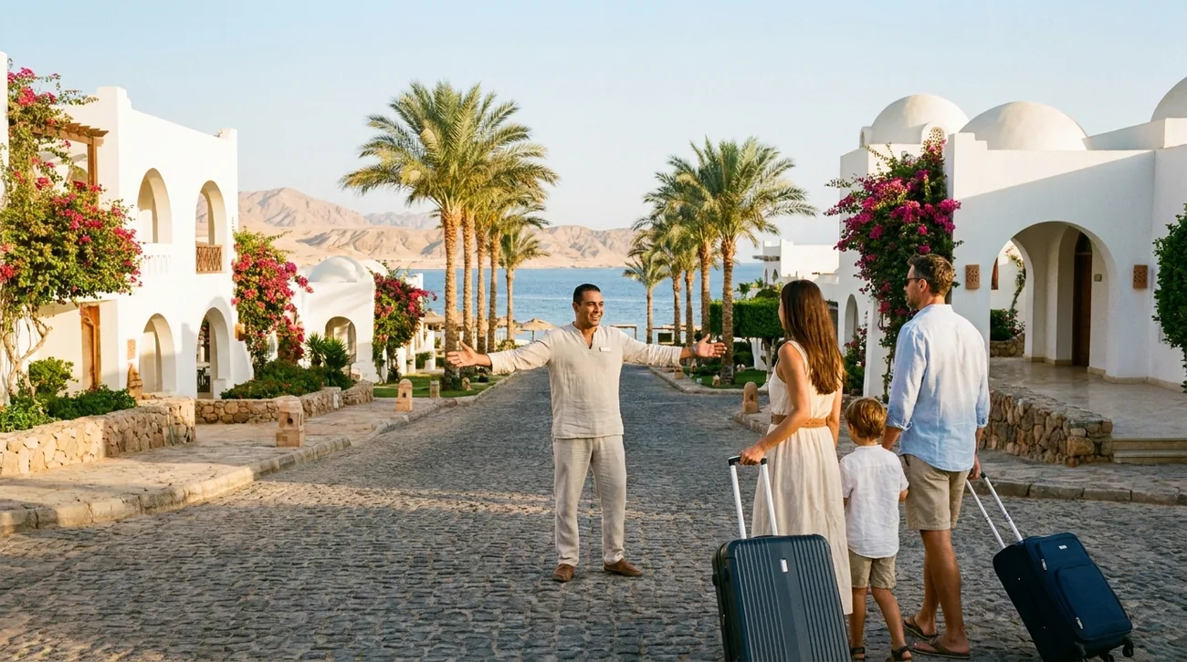 Welcome with luggage at the resort